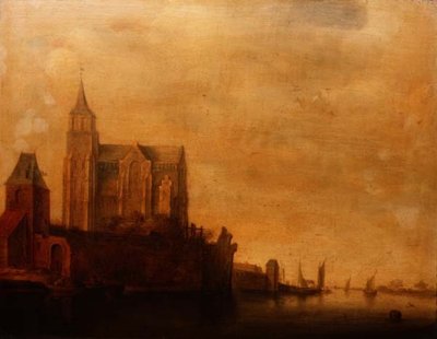 Groote Kerk مع إطلالة على البرج الرئيسي ، Emmerich في منظر طبيعي للنهر مع قوارب الإبحار بواسطة Maerten Fransz van der Hulst