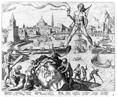 تمثال رودس الضخم ، اللوحة 4 من عجائب الدنيا الثمانية ، engr. فيليبس جالي ، 1572 بواسطة ميرتن فان هيمسكرك