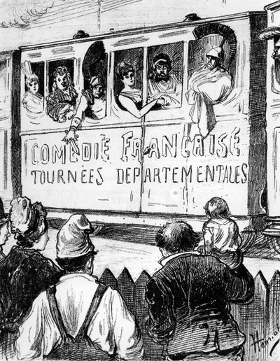 توقف طاقم الممثلين في Comédie Française في جولة في فرنسا في قطار خاص ، لإعطاء لمحة عن المسرح الريفي ، النصف الثاني من القرن التاسع عشر بواسطة هنري مايجروت