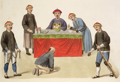 جاني أمام قاضي ، لوحة 1 من "عقوبات الصين" ، نقشها ج. دادلي ، 1804 بواسطة الرائد جورج هنري ميسون