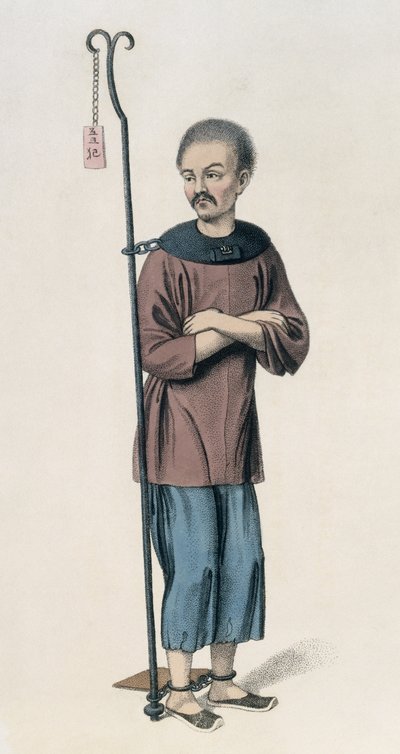 عامل مضروب بالسلاسل إلى قضيب حديدي ، اللوحة 12 من "عقوبات الصين" ، نقشها جيه دادلي ، 1804 بواسطة الرائد جورج هنري ميسون