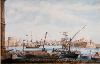 منظر لميناء الغاليز من فاليتا سايد ، حوالي 1800 (قلم رصاص وألوان مائية) بواسطة الرائد جيمس من تولكروس وير