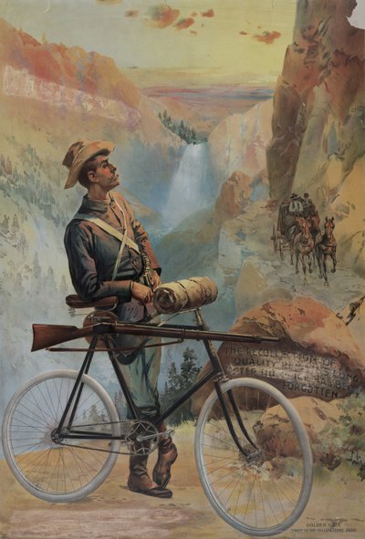 البوابة الذهبية ، غروب الشمس في متنزه يلوستون ، c.1897 (chromolithograph) بواسطة الرائد وكناب ساروني