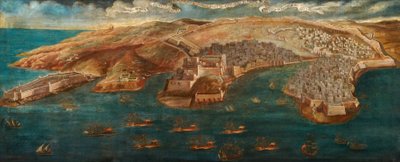 منظر لقلعة ريكاسولي وقلعة سانت أنجيلو وليسولا وخطوط كوتونيرا من فاليتا ، 1679 بواسطة المدرسة المالطية