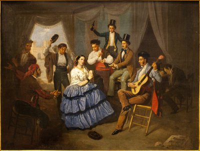 راقصة في منزل كرنفال. لوحة لمانويل كابرال بيجارانو (1827-1891) ، زيت على قماش بواسطة Manuel Cabral y Aguado Bejarano