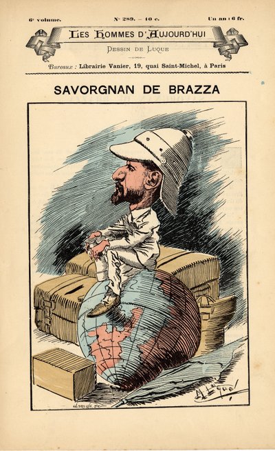 غلاف Les Hommes Today ، العدد 289 ، رسم توضيحي لمانويل لوك (1854-1919): مستعمرات الاستعمار الاستعماري - المستكشف ، بيير سافورجنان دي برازا (1852-1905) - الأرض بواسطة مانويل لوك
