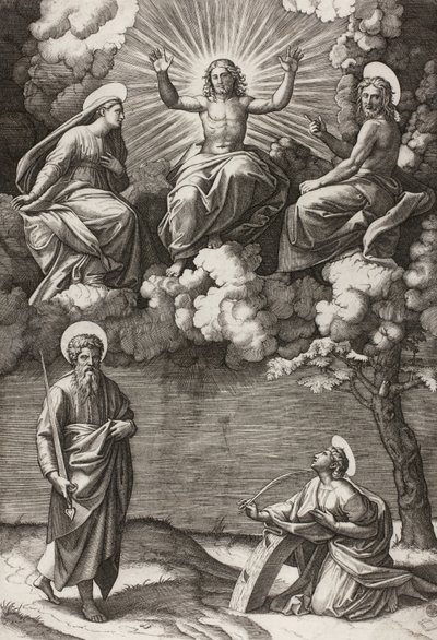 المسيح والعذراء والقديس يوحنا المعمدان مع القديسين بولس وكاترين ، 1520-25 بواسطة ماركانتونيو رايموندي