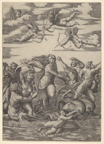 Galatea واقفا في عربة مائية يسحبها دلافين ، محاطين tritons ، nere ... ، 1515-16. بواسطة ماركانتونيو رايموندي