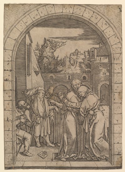 يواكيم يعانق القديسة آن تحت البوابة الذهبية في القدس ، بعد دورر ، كاليفورنيا. 1500-1534. بواسطة ماركانتونيو رايموندي