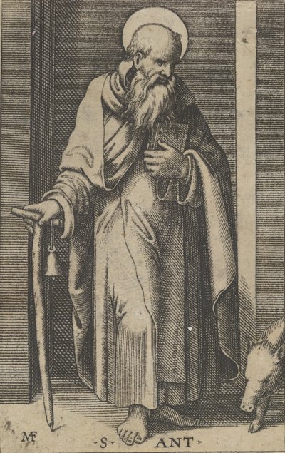 القديس انطونيوس عصا في يده اليمنى من مسلسل 'Piccoli Santi' Small ...، ca. 1500-1527. بواسطة ماركانتونيو رايموندي