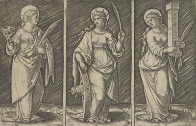 يسار القديسة باربرا ، سانت كاترين ، الوسط ، سانت لوسي على اليمين ، كاليفورنيا. 1500-1527. ، كاليفورنيا. 1500-1527. بواسطة ماركانتونيو رايموندي