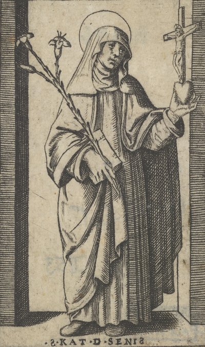 القديسة كاثرين من سيينا واقفة تحمل الزهور وتكتب في يدها اليمنى ، ح ... ، كاليفورنيا. 1500-1527. بواسطة ماركانتونيو رايموندي