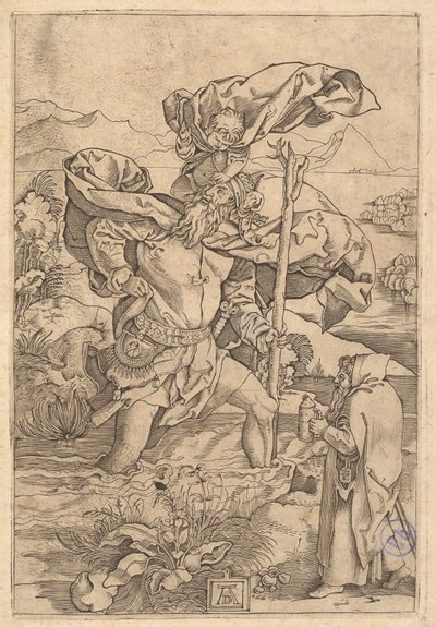 القديس كريستوفر يعبر النهر مع المسيح على شكل مجسم على شده ... ، كاليفورنيا. 1500-1534. بواسطة ماركانتونيو رايموندي