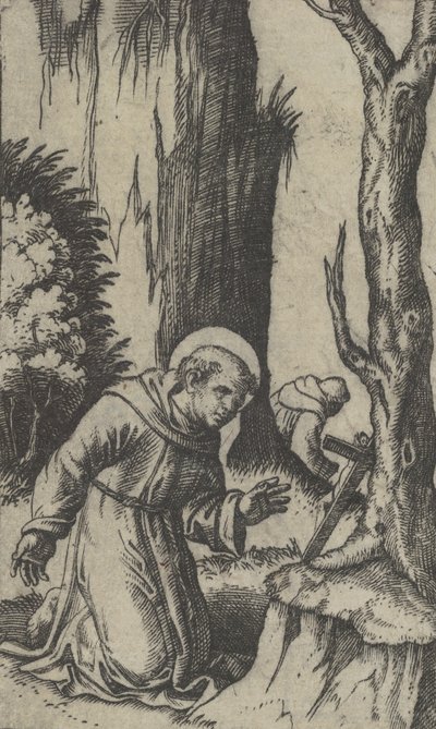 القديس فرنسيس الأسيزي يصلي قبل الصليب ، من سلسلة 'Piccoli Santi ...، ca. 1500-1527. بواسطة ماركانتونيو رايموندي