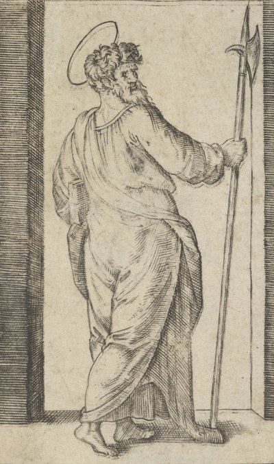 القديس جود يحمل مطردًا بيده اليمنى من مسلسل 'Piccoli Santi' ... ، كاليفورنيا. 1500-1527. بواسطة ماركانتونيو رايموندي