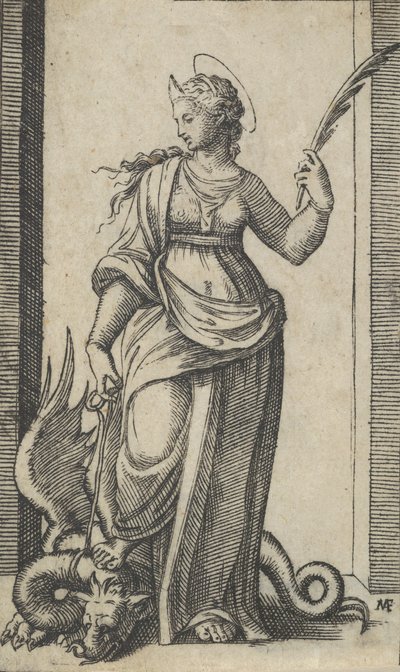 القديسة مارغريت واقفة ، تنين على اليسار ، من سلسلة 'Piccoli Santi' S ... ، كاليفورنيا. 1500-1527. بواسطة ماركانتونيو رايموندي