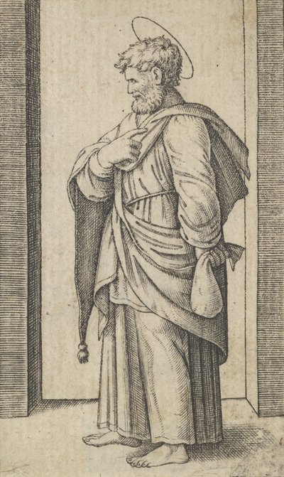 القديس ماثيو ، كيس صغير في يده اليسرى ، من مسلسل 'Piccoli Santi' Sm ... ، كاليفورنيا. 1500-1527. بواسطة ماركانتونيو رايموندي