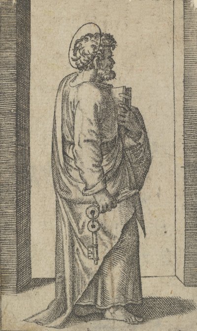 القديس بطرس ، مفاتيح في اليد اليمنى ، كتاب في اليسار ، متجه لليمين ، من سلسلة 'Pic ...، ca. 1500-1527. بواسطة ماركانتونيو رايموندي
