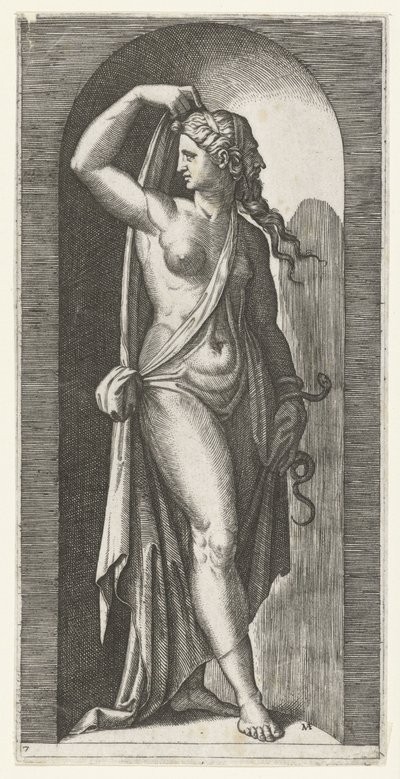امرأة تجسد الحكمة (Prudentia) بالثعبان والقناع سبعة فضائل (عنوان المسلسل) بواسطة ماركانتونيو رايموندي