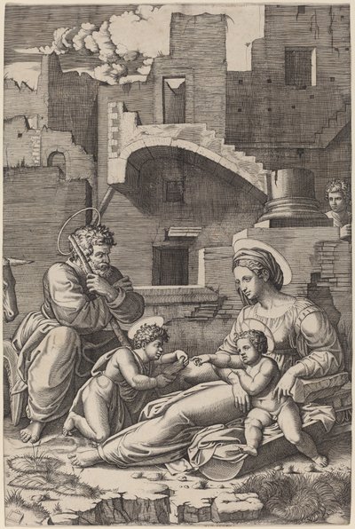 العائلة المقدسة مع القديس الشاب يوحنا المعمدان (مادونا ذات الفخذ الطويل) بواسطة Marcantonio Raimondi بعد رافائيل