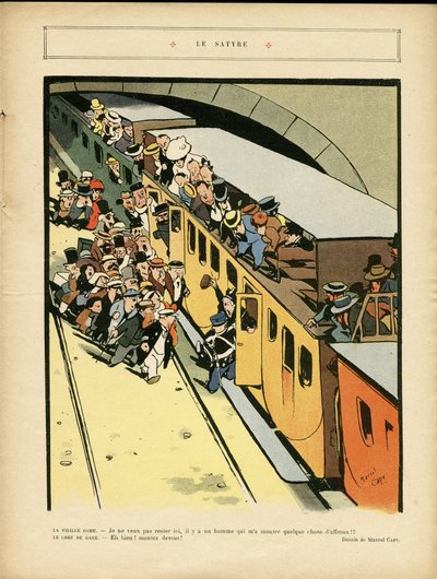 رسم توضيحي لمارسيل كابي (1865-1941) في Le Rire ، 03/09/10 - الساتير - التخطيط العمراني للعمارة ، قطار السكك الحديدية ، الجسر بواسطة مارسيل أمابل لاعب خط الوسط كابي