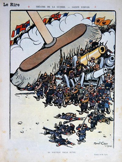 "المكنسة الروسية الجديدة" ، كارتون من مجلة "Le Rire" في الخامس من كانون الأول (ديسمبر) 1914 (لون ليثو) بواسطة مارسيل أمابل لاعب خط الوسط كابي
