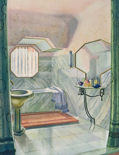 الحمام الذي صممه مارسيل دالماس ، من "Interieurs en Couleurs" ، نُشر عام 1925 (لون ليثو) بواسطة مارسيل دالماس