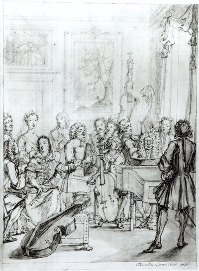 حفل موسيقي في Montague House ، 1736 (قلم وحبر فوق قلم رصاص على ورق) بواسطة مارسيلوس الأصغر لارون