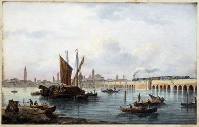 رسم الجسر فوق البحيرة في "ألبوم المناظر الرئيسية لمدينة البندقية" بواسطة ماركو مورو إد. Gio Brize-Ghel nd 1840. تقريبًا. بواسطة ماركو (بعد) مورو