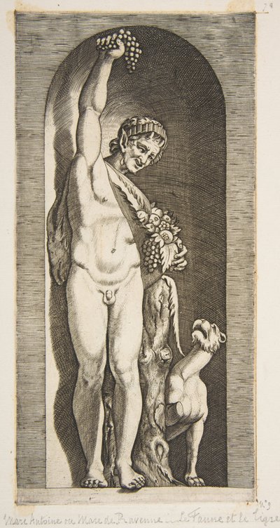 A faun يقف في مكانة يمسك عاليا مجموعة من العنب بيده اليمنى و ... ، كاليفورنيا. 1515-27. بواسطة ماركو دينتي