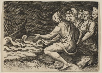 مجموعة من الشخصيات على اليمين يشهدون حطام سفينة ، كاليفورنيا. 1515-27. بواسطة ماركو دينتي