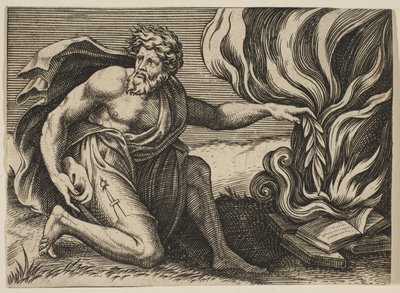 رجل راكع ويضع غار الغار على كومة من الكتب المحترقة ، كاليفورنيا. 1515-27. بواسطة ماركو دينتي
