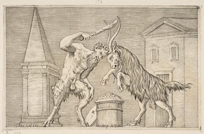 ساتر وكبش يهاجمان بعضهما البعض ، الساتير يبني ناديًا به حقه ... ، كاليفورنيا. 1515-27. بواسطة ماركو دينتي