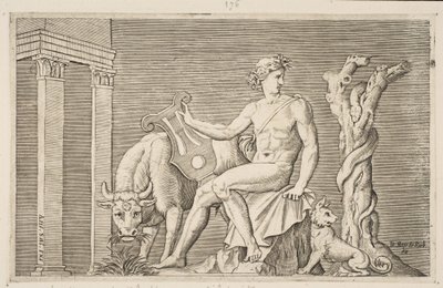 أبولو يرعى أسراب Admetus ، جالس أبولو يجلس قيثارة ويحيط به ... ، كاليفورنيا. 1515-27. بواسطة ماركو دينتي