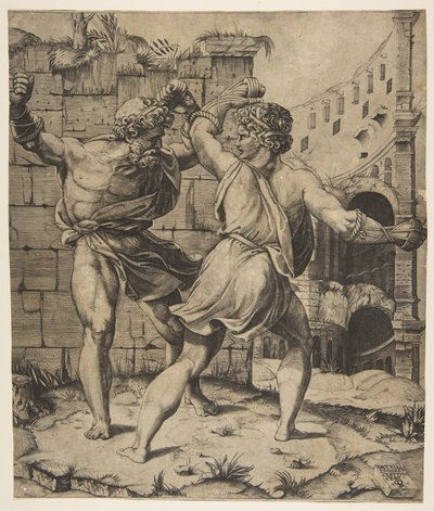 القتال Entellus و Dares أمام الأنقاض الكلاسيكية ، 1520-25. بواسطة ماركو دينتي