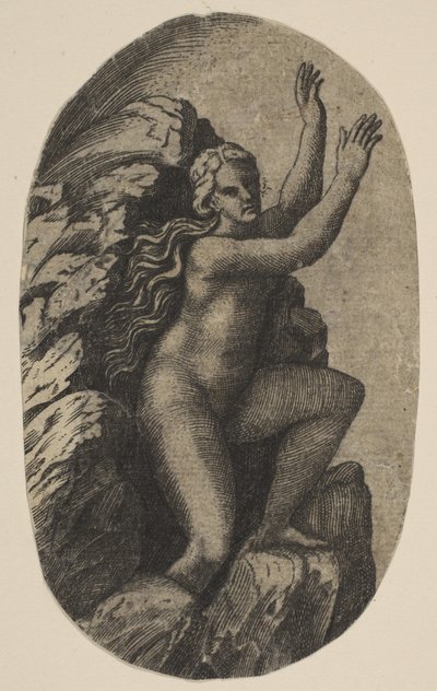 Eurydice عاريا واقفا على صخرة ، رفع ذراعيها إلى اليمين ، كاليفورنيا. 1515-27. بواسطة ماركو دينتي