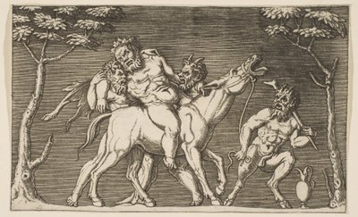شاتان يضعان Silenus على بغل نهيق وثالث ساتير على اليمين ، كاليفورنيا. 1515-27. بواسطة ماركو دينتي