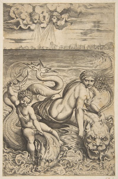 فينوس وكيوبيد يركبان وحشين بحريين ، يرفع كيوبيد سهمًا في يده اليمنى ، ... 1515-27. بواسطة ماركو دينتي