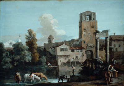 A Capriccio مع الخيول تسقي في نهر خارج بلدة مسورة بواسطة ماركو ريتشي