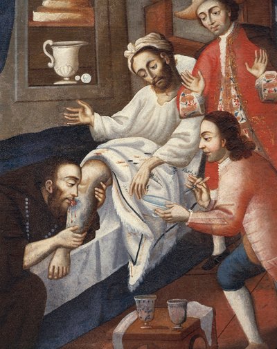 Religious men treating a patient at St. Andrew Hospital, Cuzco (oil on canvas) بواسطة ماركوس زاباتا