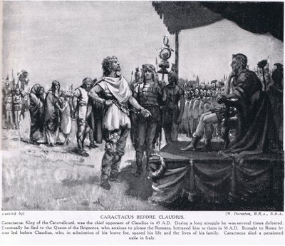كاراكتاكوس قبل كلوديوس، رسم توضيحي من "تاريخ الأمم لهتشينسون"، حوالي عام 1910 (مطبوعة حجرية) بواسطة مارغريت (بعد) دوفاستون
