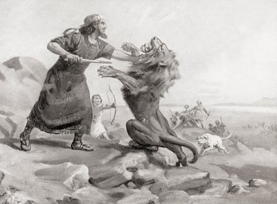 تغلث بيليسر يذبح أسداً، من تاريخ الأمم لهتشينسون، طُبع عام 1915 بواسطة مارغريت (بعد) دوفاستون