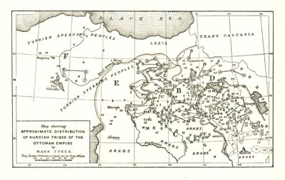 "خريطة توضح التوزيع التقريبي للقبائل الكردية في الدولة العثمانية" ، عام ١٩١٥. بواسطة Mark Sykes