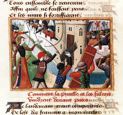 Joan of Arc at gates of St Honore, from where assault on Paris begins, miniature from Vigiles de Charles VII by Martial de Paris (known as Auvergne) (1420-1508), France بواسطة مارتيال دو باريس (القرن الخامس عشر الميلادي)
