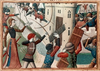 جان دارك عند حصار أورليانز ، صورة مصغرة من Vigiles de Charles VII بواسطة مارتيال دو باريس (القرن الخامس عشر الميلادي)