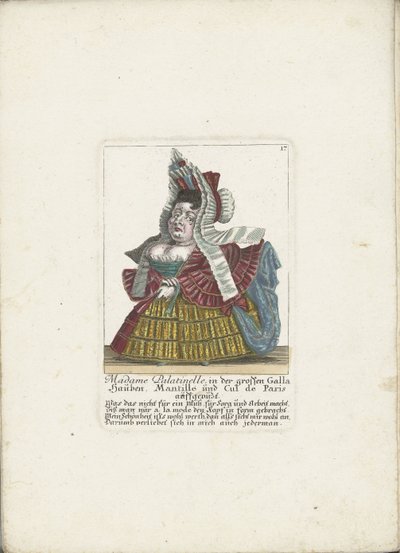 De Franse dwerg Madame Palatinelle ، حوالي 1710 مدام بالاتينيل ، أغطية للرأس ، مانتيلا ، كول دي باريس يرتدون ملابس غالا الكبيرة (العنوان على الجسم) Il Callotto resurcitato أو خزانة صغيرة مفروشة حديثًا (عنوان السلسلة) بواسطة مارتن إنجلبرخت (منسوب إلى)