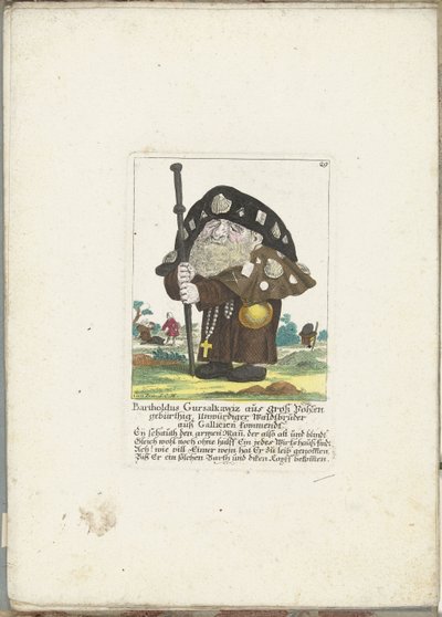 De dwerg Bartholdus Gursalkawiz مثل pelgrim uit Compostella ، حوالي 1710 Bartholdus Gursalkawiz ، المولود في Groß Pohlen ، شقيق غابة غير لائق قادم من Gallicia (العنوان على الكائن) Il Callotto resurcitato أو خزانة Zwerchen المفروشة حديثًا (سلسلة بواسطة مارتن إنجلبرخت (منسوب إلى)