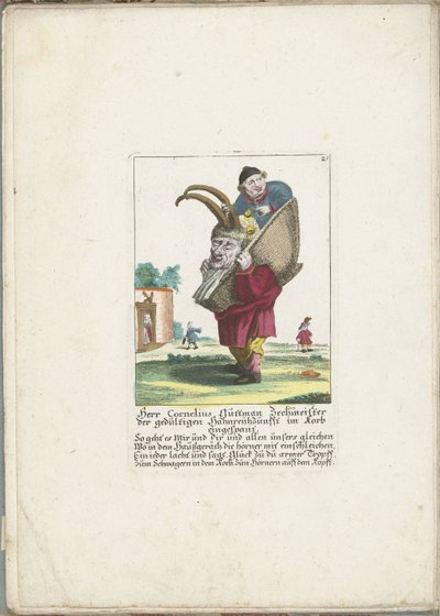 De dwerg Cornelius Guttman as a hoorndrager ، حوالي 1710 السيد كورنيليوس جوتمان ، سكير نقابة الديوث المريض تم تسخيره في سلة (العنوان على الشيء) Il Callotto resurcitato أو خزانة صغيرة مفروشة حديثًا (عنوان السلسلة) بواسطة مارتن إنجلبرخت (منسوب إلى)