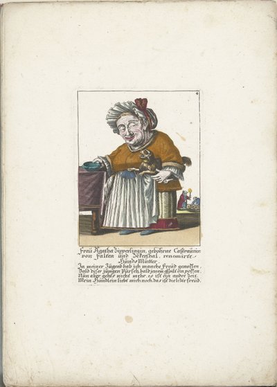 De dwerg السيدة Agatha Zipperlingin التقت مع hondje ، حوالي 1710 السيدة Agatha Zipperlingin ، ولدت Castaunin von Falten und Zeckerthal ، أم كلاب مشهورة (العنوان على الكائن) Il Callotto resurcitato أو خزانة Zwerchen المفروشة حديثًا (عنوان السلسلة) بواسطة مارتن إنجلبرخت (منسوب إلى)
