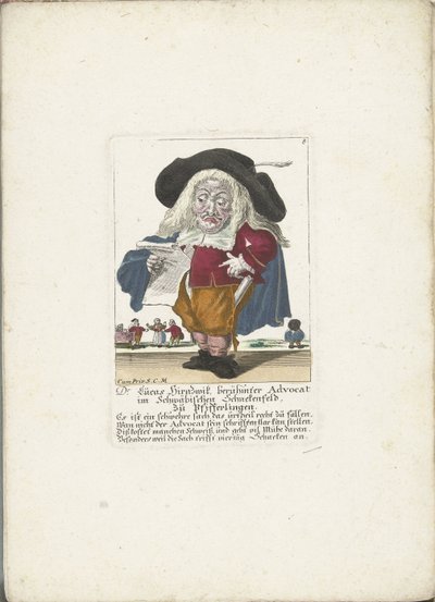 De dwerg Lucas Hirnzwik بصفته محاميًا ، حوالي 1710 دكتور لوكاس هيرنزويك ، المحامي الشهير في شوابيان شنكينفيلد ، على chanterelles (العنوان على الكائن) Il Callotto resurcitato أو خزانة صغيرة مفروشة حديثًا (عنوان السلسلة) بواسطة مارتن إنجلبرخت (منسوب إلى)